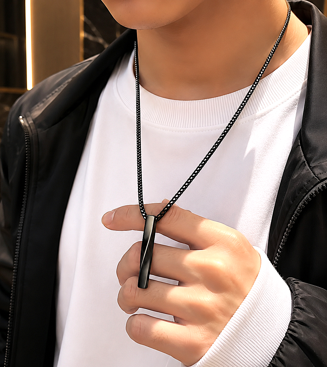 Black Silver Plated Stainless Steel Anti Tarnish Twisted Bar Shaped Hip Hop Party Pendant